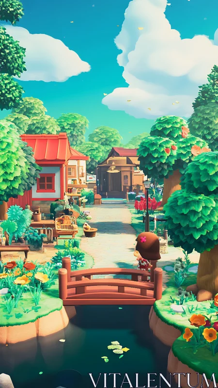 Vibrant stylized village bridge under saturated summer sky.