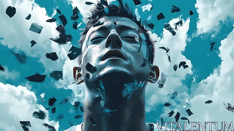 Digital painting portrait with fragmented skyward ascension focus.
