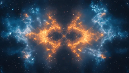 Symmetrical nebula collision in luminous deep-space digital painting.