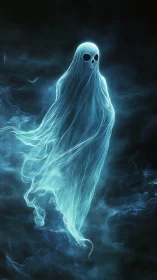 Translucent spectral figure with skull face in dark void.