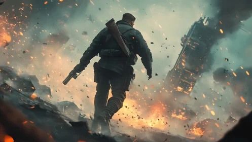 Soldier walks through exploding battlefield toward collapsing tower