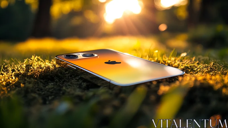 Smartphone macro on moss with golden hour optical flare.