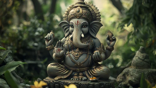 Ganesha statue rendered in ornate gold accents within jungle grove