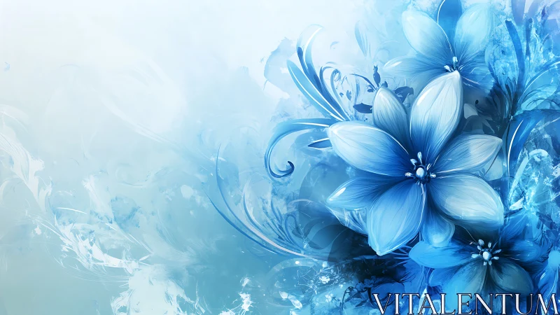 Blue Floral Digital Artwork with Ornamental Swirls.