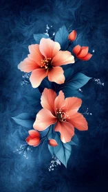 Coral Blossoms Dancing Against Deep Blue Textured Backdrop