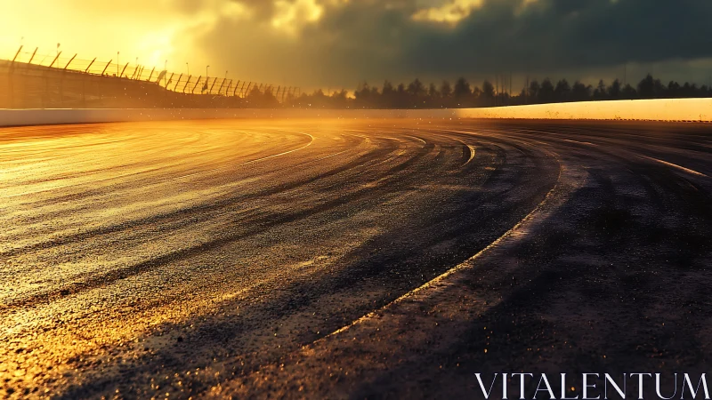Sunlit racetrack curves glowing softly in golden dusk light.