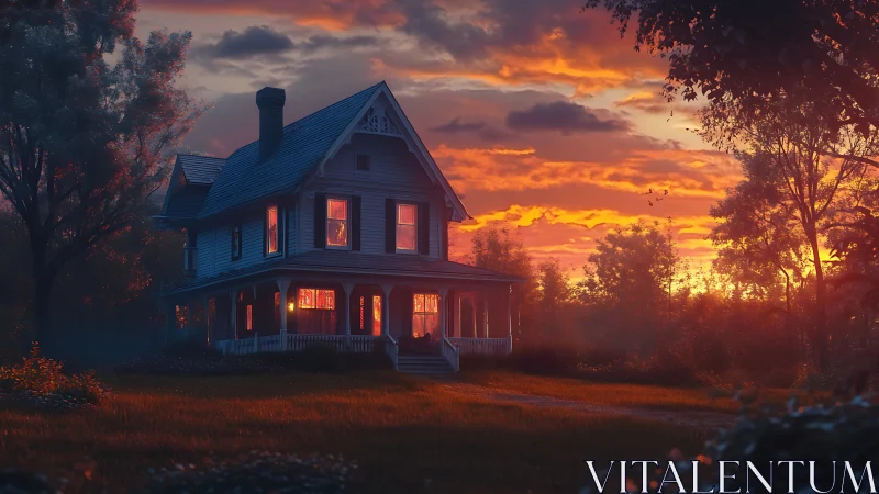 Golden sunset wraps a cozy country house in gentle evening light
