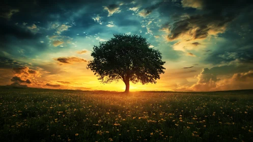Solitary tree centered under vivid sunset sky field.