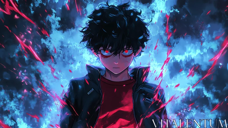 Intense anime hero glowing with fierce electric energy.