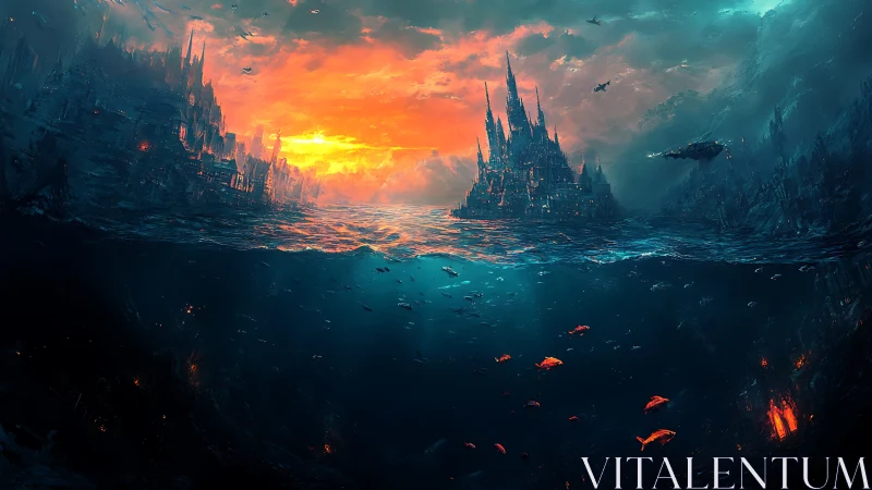 Digital painting seascape of bifurcated abyssal citadel horizon.