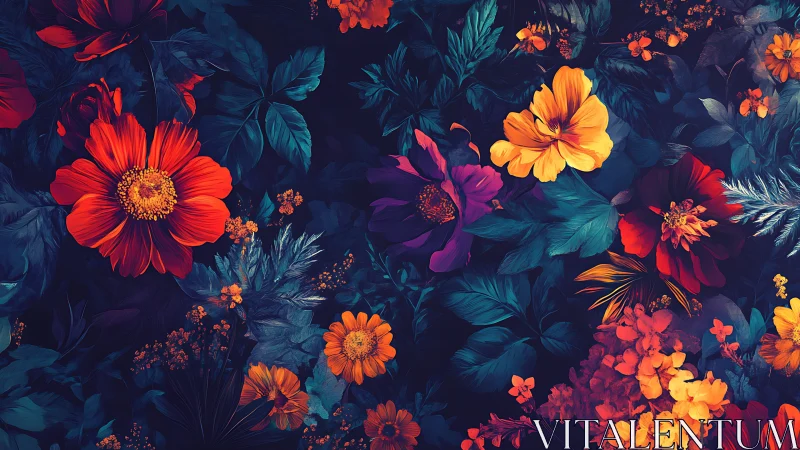 Vivid Floral Garden Against Dark Background.