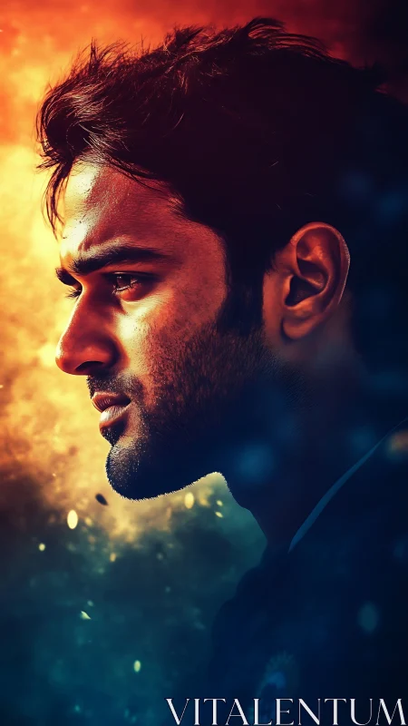 Cinematic male profile in dual warm cool split lighting portrait