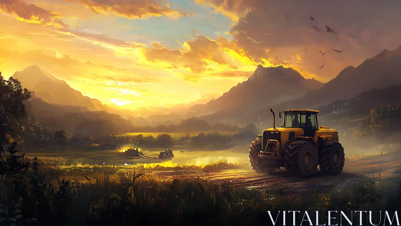 Sunlit mountain valley with tractor in atmospheric digital painting.
