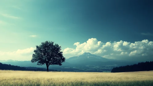 Solitary tree before distant mountain under wide sky.