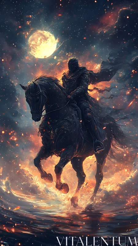 Moonlit rider charges through glowing embers and water