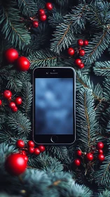 Holiday smartphone nestles among festive pine branches