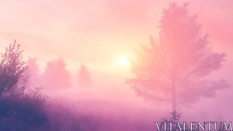 Pastel dawn forest landscape in diffuse radiant mist glow.