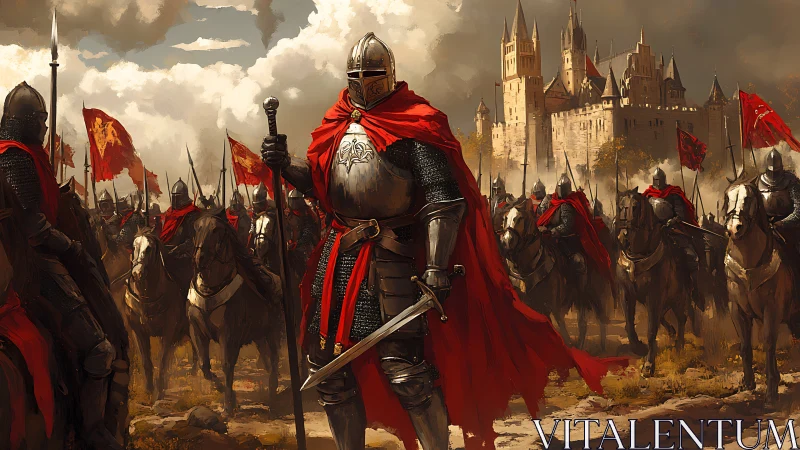 Armored mounted knights assembled before stone fortress walls.