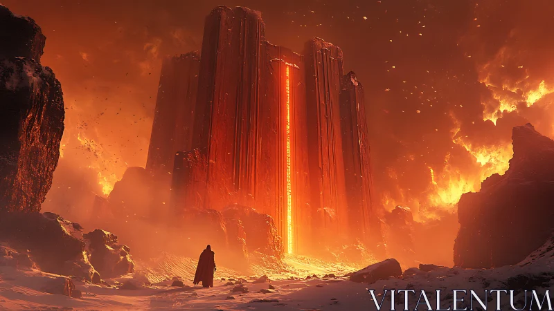 Lone figure approaches colossal molten gate in frozen canyon