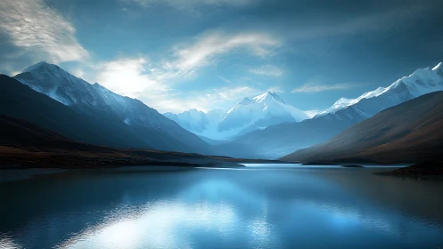 Snowy mountain range reflected in calm blue lake.