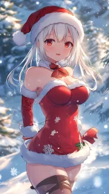 Anime snow scene with Santa girl in red dress.