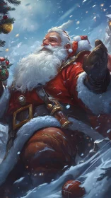 Santa in snowy landscape with tree and ornaments.