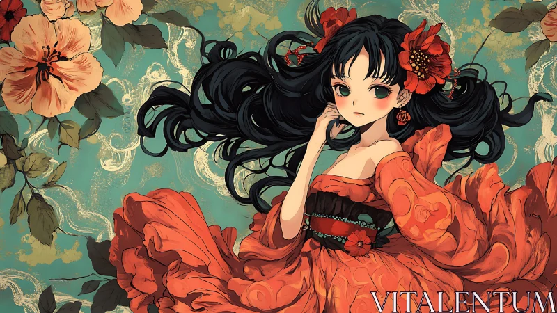 Anime girl with flowing black hair in red floral dress