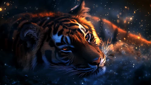 Tiger gaze burns through embers and midnight shadow.
