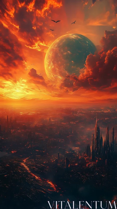 Fiery alien skyline stretches under looming planet at sunset