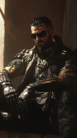 Cyborg mercenary rests in dim light wearing tactical gear