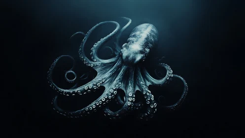 Octopus floats in deep dark water with extended tentacles