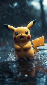 Joyful Pikachu splashes playfully in dramatic rainy street