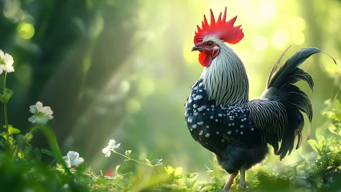 Rooster with Red Comb Among Wildflowers in Sunlit Garden.