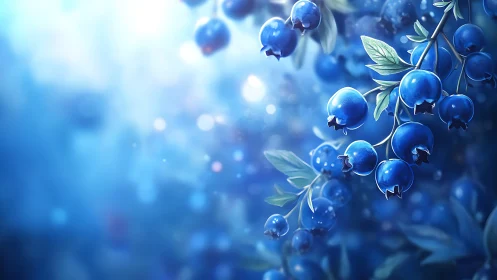 Glowing blueberry branches in a dreamy blue forest light.