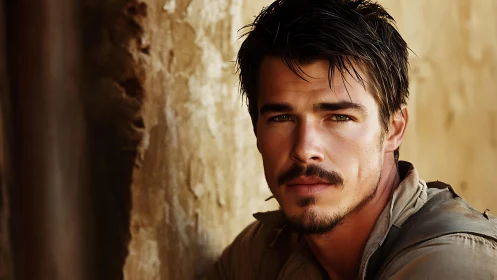 Sunlit explorer portrait against weathered stone wall.