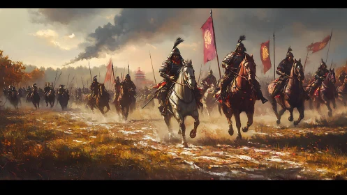 Samurai cavalry charge across battlefield toward burning fortress.