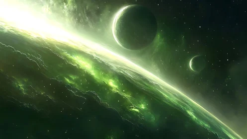 Oblique green exoplanet horizon with luminous atmospheric flare