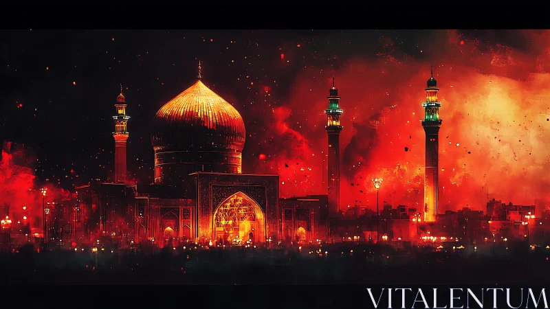 Illuminated Islamic Architecture Engulfed in Dramatic Fiery Atmospheric Effects