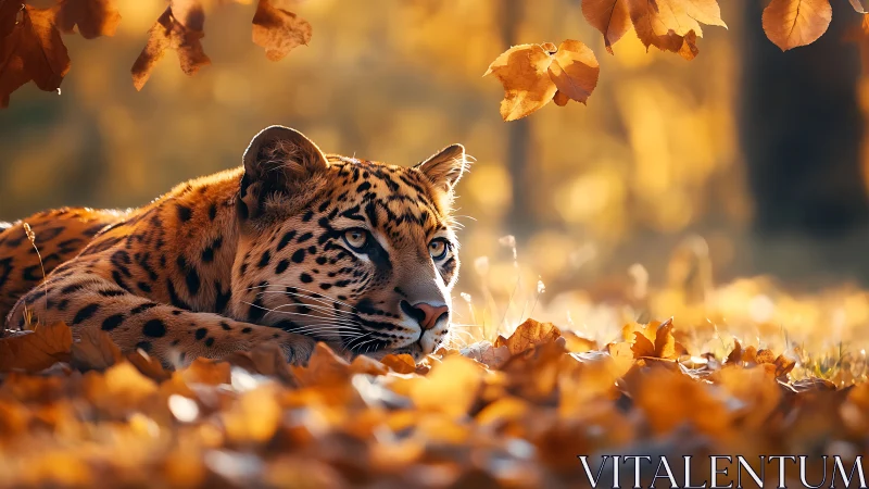 Leopard resting on autumn leaves in warm golden light.