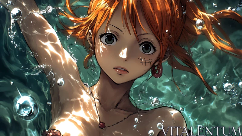 Anime girl submerged in rippling water with vivid light play.