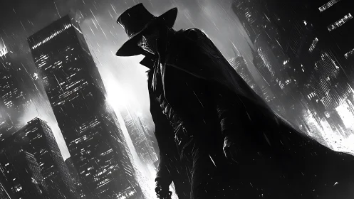Shadowed vigilante stalks neon city in driving rainstorm.