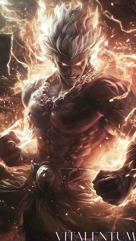 Muscular flame‑wreathed warrior rendered with dynamic rim lighting