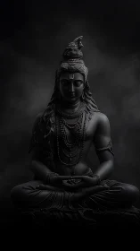 Serene Shiva statue in meditative darkness with sculpted detail.