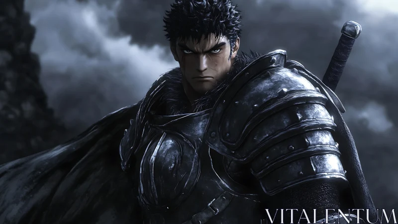 Armored dark swordsman stands against stormy cloud horizon