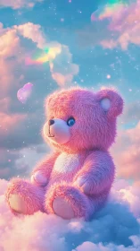 Dreamy pink teddy drifts on cotton skies at pastel dusk.