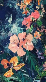 Impasto floral study in vivid teal, coral, and citrus hues.