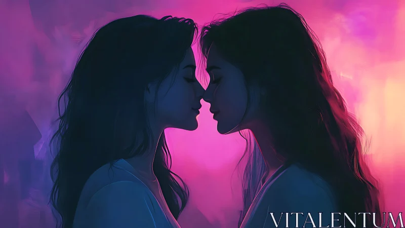 Mirrored female silhouettes in neon magenta and cyan glow.