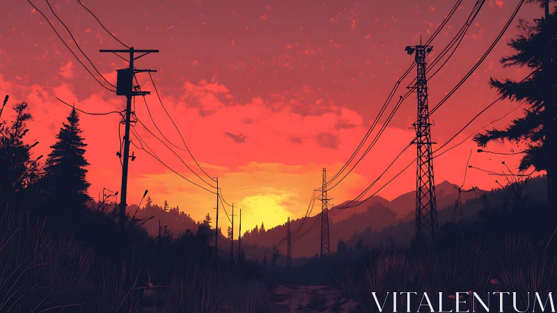 Sunset power lines over forested valley in vivid crimson sky.