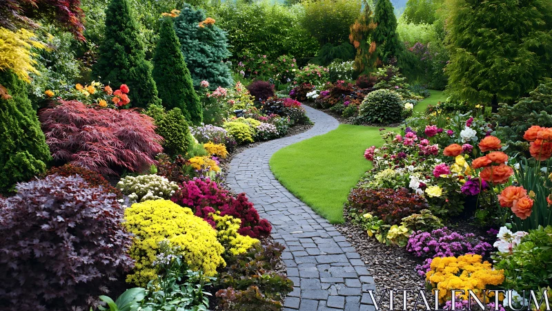 Colorful garden pathway winding through lush blooming borders.