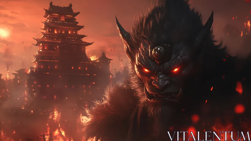 Demonic beast before burning pagoda under red sky period.
